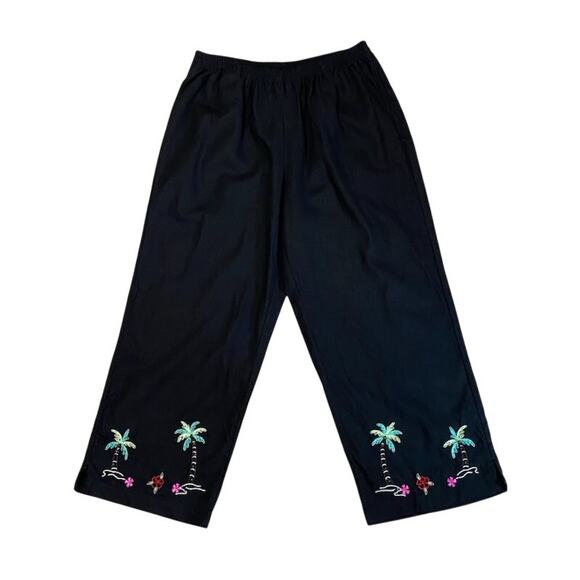 KIM ROGERS Womens M Black Linen Bld Cropped Pants Embroidered Palm Trees Pull On - Picture 2 of 5